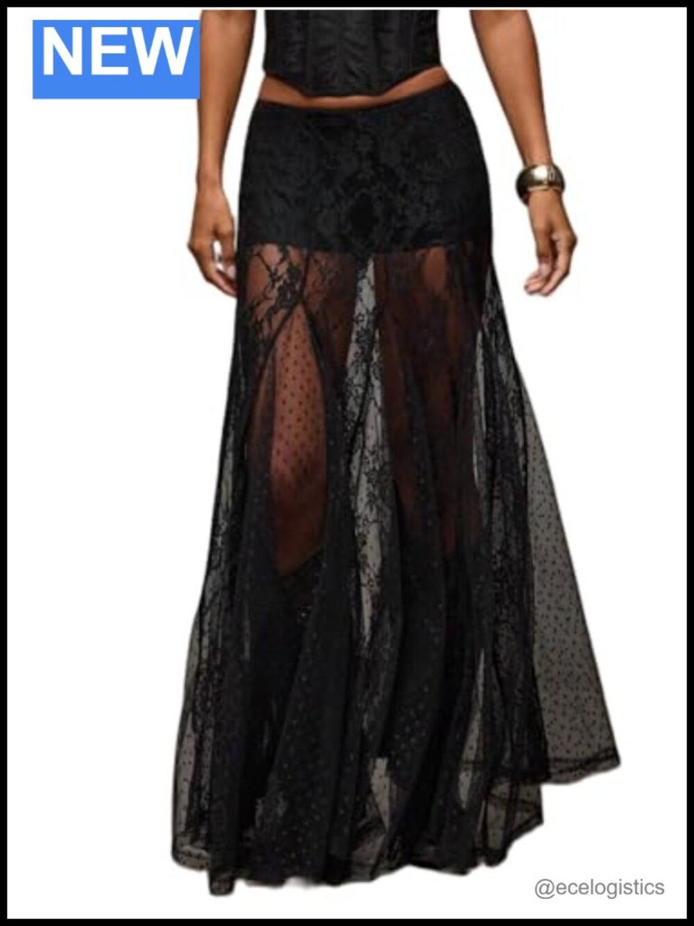 Women Lace Maxi Skirt Sheer A Line Elastic Low Waist Flowy